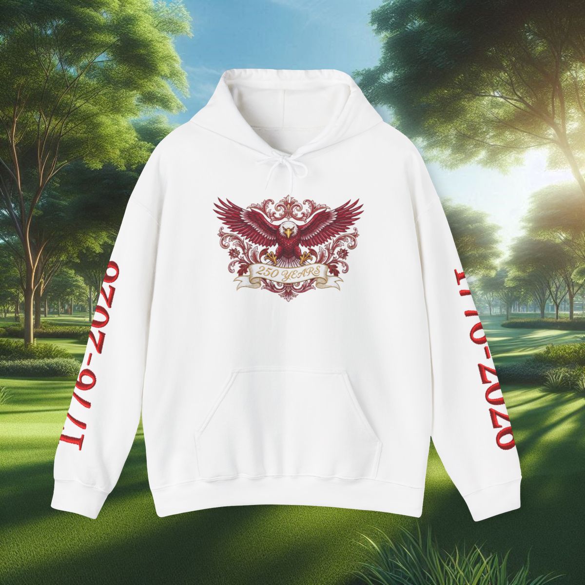 Eagle Crest Hoodie | White sweatshirt with red eagle emblem and sleeve text